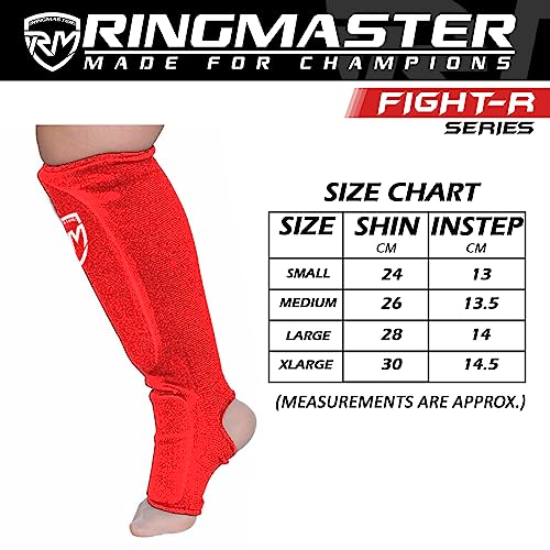 RingMaster Elastic Shin Instep Pads Leg Foot Guard Kickboxing Karate MMA Thai Martial Arts Training (Pair) (X Large, Red) - Image 4