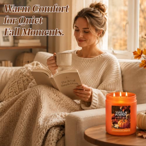 Image of Large Fall Candle Vanilla Pumpkin Scented, 3-Wick 22oz Long Lasting