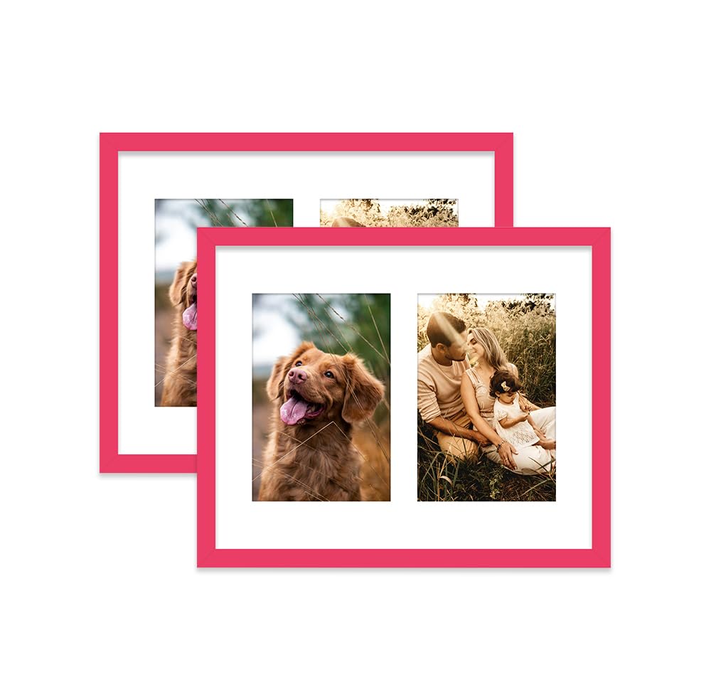 Bright Pink Multi Photo Frame - Holds 2 x 6x4 Pictures, Family Collage Picture Frame for Wall Display, 10x8 Frame size, Set of 2