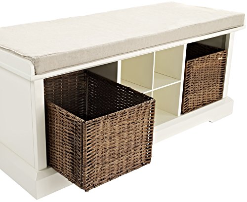 Crosley Furniture Brennan Entryway Storage Bench With Wicker Baskets And Cushion, White #TOP2