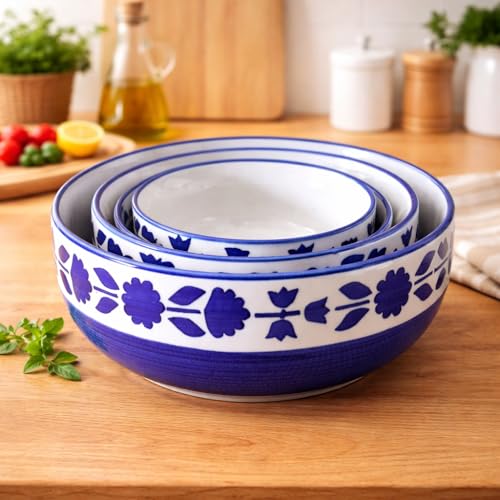 Image of Ceramic Mixing Bowl Set 4 Pieces 1500ml 800ml 600ml 400ml Blue Flower Durable Microwave Safe Dishwasher Safe Mixing Serving Storage