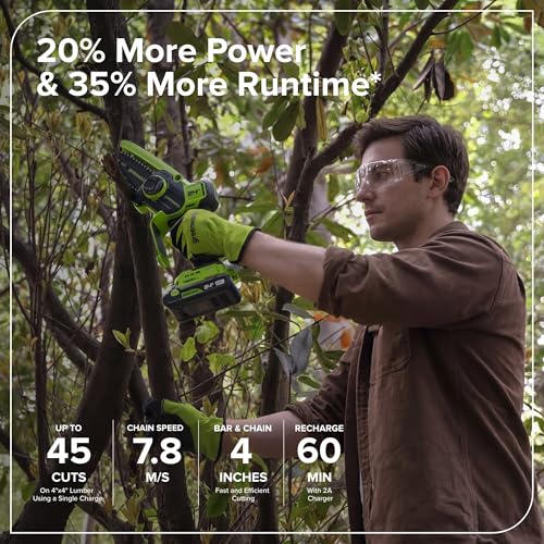 Image of Greenworks 24V 4 inch Brushless Mini Chainsaw (Auto Oiler, Tool-Free Tensioning, Ultra-Lightweight), 2.0Ah Battery and 30W Type-C Charger (3-FT Cord)