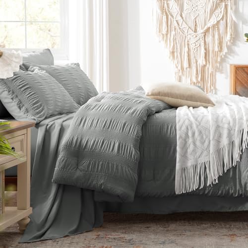 Image of Zzlpp Full Comforter Set 7 Pieces, Grey Seersucker Bed in a Bag with Comforter and Sheets, All Season Bedding Sets with 1 Comforter, 2 Pillow Shams, 2 Pillowcases, 1 Flat Sheet, 1 Fitted Sheet