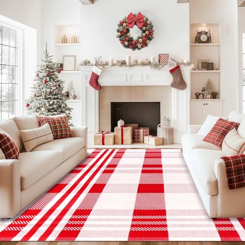 Fallovea Christmas Red and White Plaid Rug, 8'x10' Area Rug