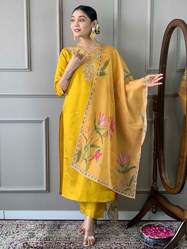 Image of Shiv Textiles Cotton Blend Solid Regular Kurta Sets for Women (JDA-Gauri-Yellow-S