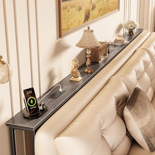 Image of Huuger 110 Inch Sofa Table with Power Outlets, Skinny Behind Couch Table | 5.9 Inch Narrow Entryway Table, Extra-Long Console Table, Behind the Couch Table with Outlet for Living Room, Charcoal Gray