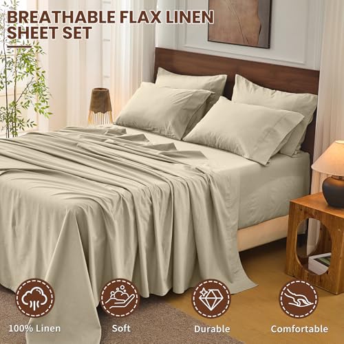 Image of Bedlifes 100% French Linen Queen Bedding Set - 18-24 inch Extra Deep, 4-Piece | Soft & Durable, Breathable & Cooling, Flax Linen Sheet, OEKO-TEX Certified, Moisture Wicking, Easy Care, Machine Washable
