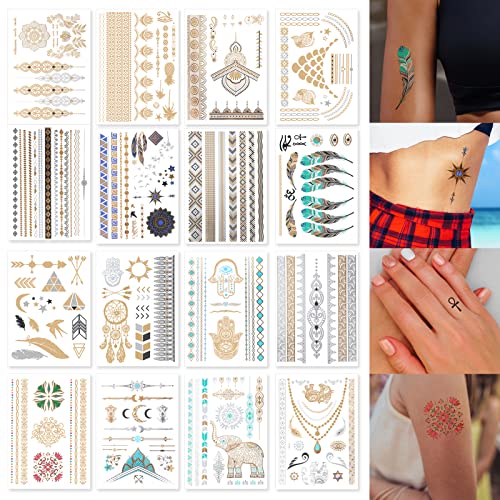 Tatouage Ephemere Femme 16 feuilles - Femme Tattoo Temporaire doré Autocollants Métalliques Étanche pour enfants adultes hommes Weihnachten, mariage, halloween, Party Résistant Eau et Sueur Cover