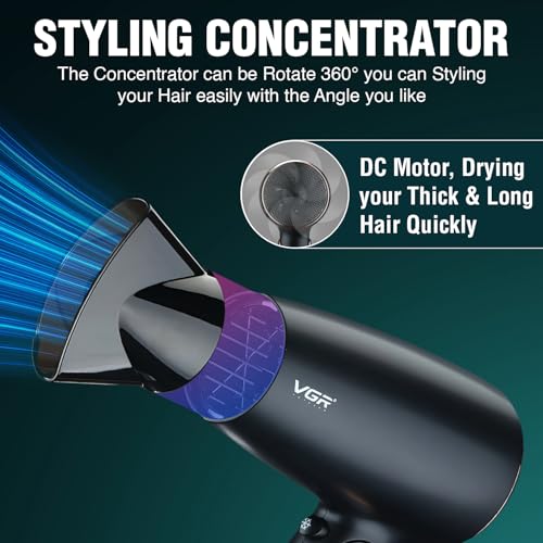 Image of VGR V-439 Foldable Hair Dryer for Men & Women with 1600W DC Motor, 2 Speed Settings, Cool Shot Function, 1.8m Cable, Ideal for Salon and Home Use (Black)