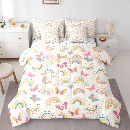 Image of Cartoon Butterflies 7 Pieces Bedding Set Queen Size,Kids Cute Rainbow Bed in a Bag,Kawaii Wildlife Bed Set Includes Comforter,Sheet Set,Pillowcases & Pillow Covers,Flying Butterfly Bedroom Decor