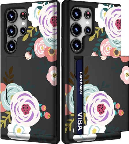 Étui de téléphone avec porte-cartes S24 Ultra coque portefeuille femme fleurs abstraites mignon