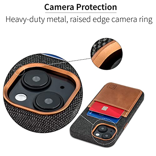 Image of Dockem Fabric Card Case for iPhone 14 with Built-in Metal Plate for Magnetic Mounting, Stitched-on Genuine Leather Wallet with 2 Credit Card /ID Slots: M2F [Grey and Light Brown]