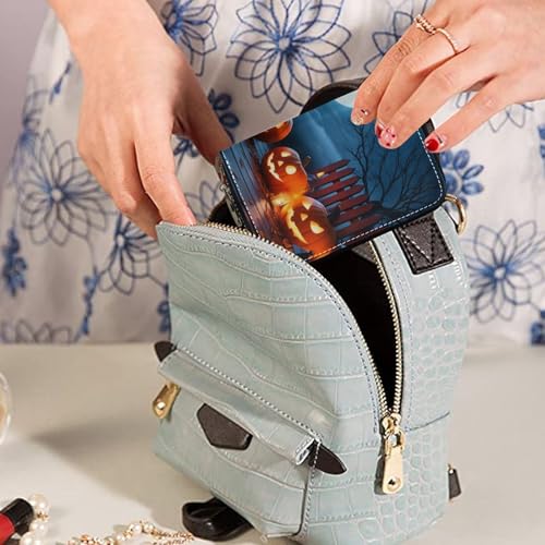Small RFID Credit Card Holder Wallet with Zipper, Leather Wallet Case for Women Halloween Night3