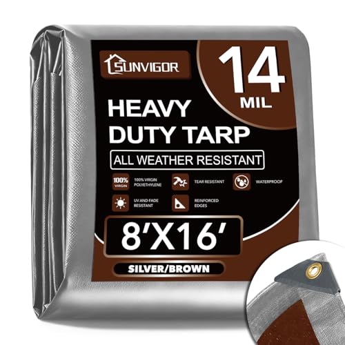 Sunvigor Tarp Waterproof 8x16Ft Extra Thick 14 Mil Heavy Duty Tarp Cover Tear & Fade Resistant Outdoor Tarps with Brass Grommets and Reinforced Edges for Roof Camping Patio Boat (Silver/Brown)