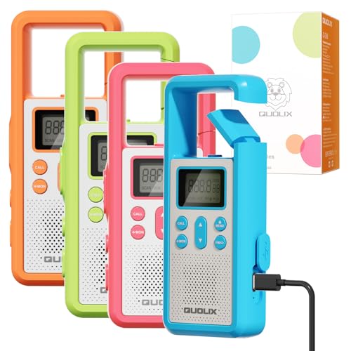 QUOLIX Radioline Walkie Talkies, Ricaricabile Woki Toki per Adulti Bambini, 8 Canali con Batteria agli Ioni di Litio VOX SOS Torcia LED - Comunicazione Bidirezionale - Ideale per Outdoor, Set 4 Pezzi