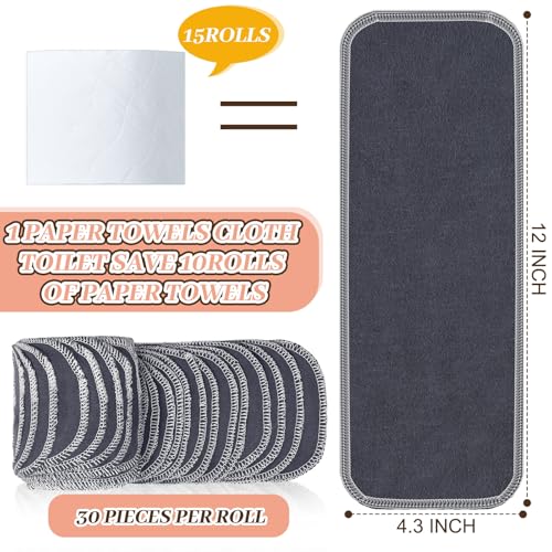 Image of FuWeave 30 Pack Reusable Toilet Paper No Tear Bidet Towels, Gray | Washable 11.8 inch x 4.3 inch Cotton Flannel Family Cloth Wipes with Snaps, Paperless Roll for Bathroom, Travel, Cleaning and Drying