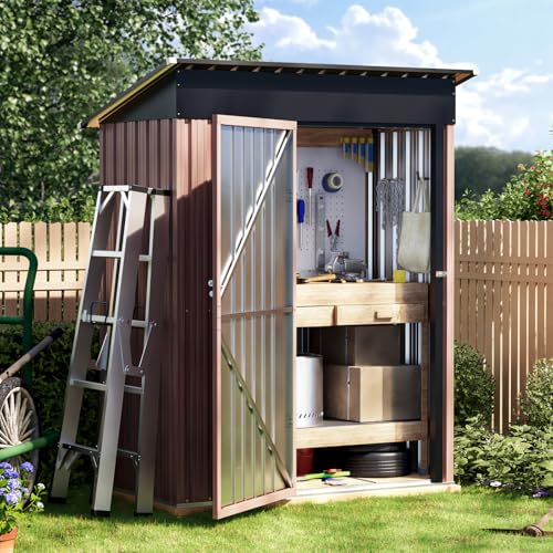 Image of Panovue 5X3X6.1FT Garden Storage Shed with Lockable Door,Steel Tool Shed with Sloping Roof,Anti-Corrosion Metal Shed for Backyard Patio Lawn (Wood Panels & Frame Floor Not Included)