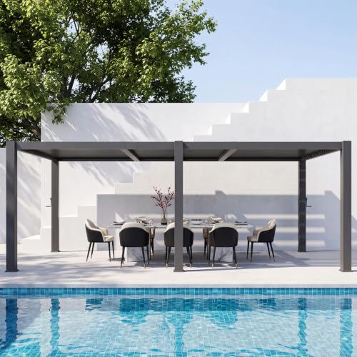 Aoxun Louvered Pergola 10 x 20 96S Outdoor Metal Pergola with Adjustable Top for Patio Decks Gardens and Backyards Easy Assembly via Structural Patent Gray