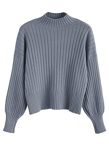 ZAFUL Women's Mock Neck Sweater Long Sleeve Ribbed Knit Basic Cropped Pullover Sweater (1-Blue Gray)