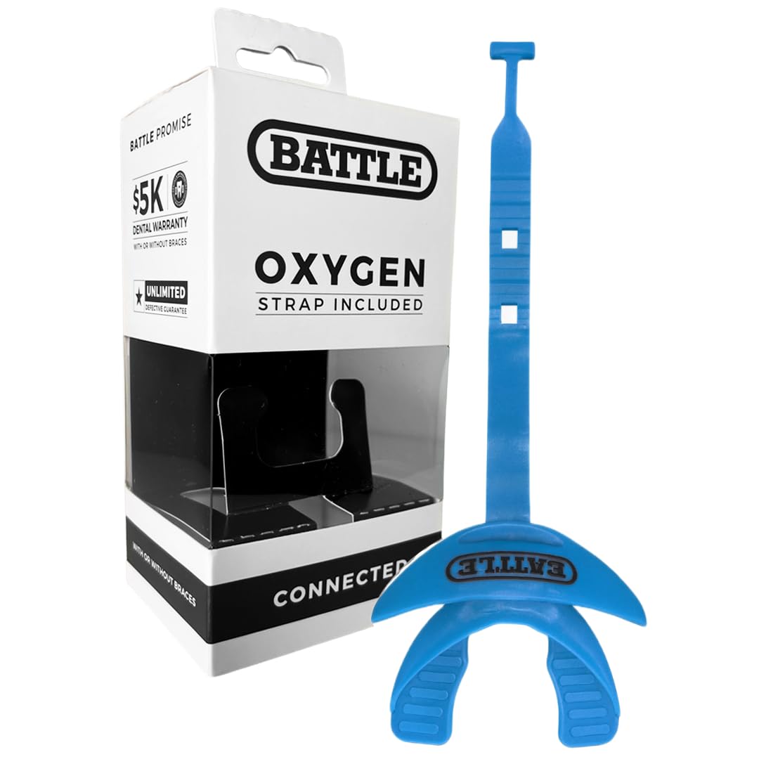 Battle Oxygen Lip Protector Mouth Guard with Connected Strap, Football and Sports Gear, Maximum Oxygen Supply, Mouthpiece Fits With or Without Braces - One Size, Columbia Blue
