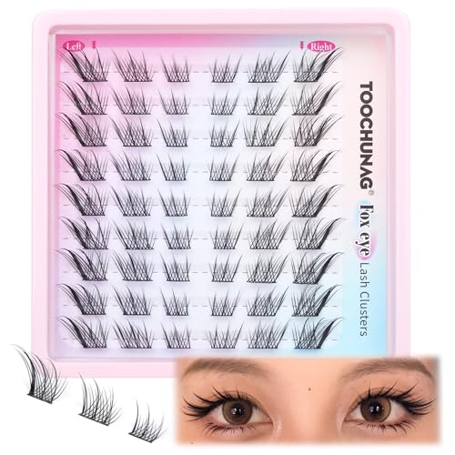 TOOCHUNAG Cat Eye Lashes Natural Individual Eyelashes 14mm Fox Eye Lash Clusters CC Curl Left Right Wispy Eyelash Clusters Russian False Lashes