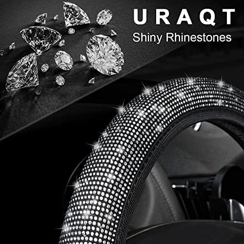 URAQT Steering Wheel Cover, Universal Leather Car Steering Wheel Cover, 36cm-38cm Bling Bling Crystal Steering Wheel Cover, Car Breathable Anti-Slip Rhinestone Wheel Cover for Girls, Ladies(Silver)