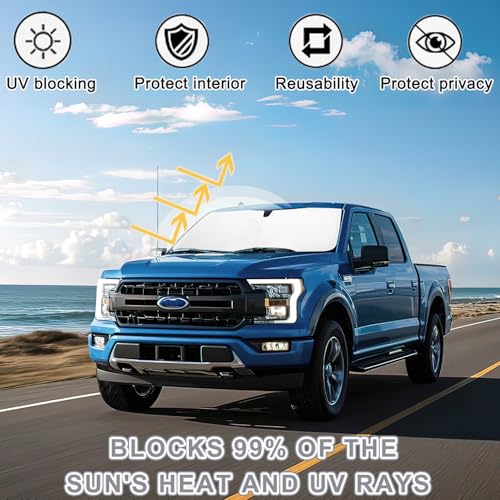 Image of PIMCAR Windshield Sun Shade for Ford F150 2021-2026, Premium 310T Reflective UV Protection, Lightweight Foldable Sun Visor with Storage Pouch