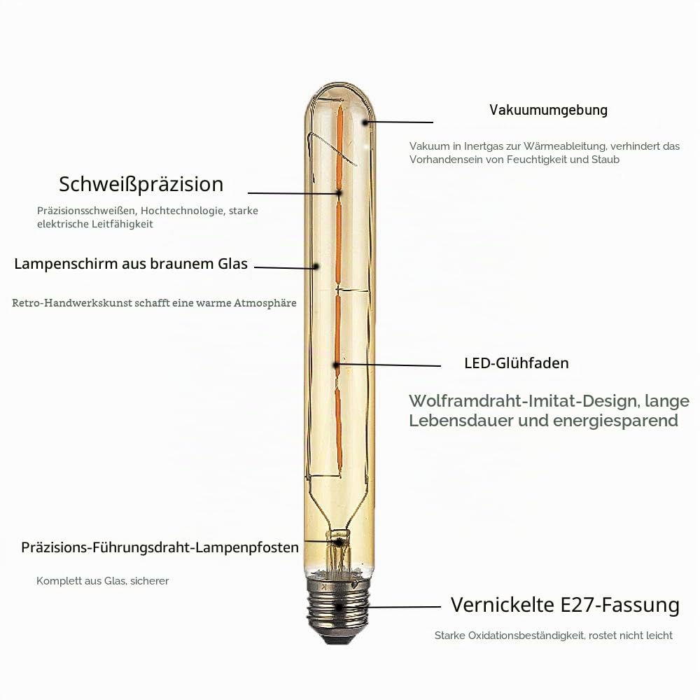 10er Edison Vintage Röhrenlampe E27 4W T30-225 Reagenzglas Flöte Glühlampe Rohr,AC 220-240V,E27 T30 LED Filament Glühbirne Warmweiß(2300K)