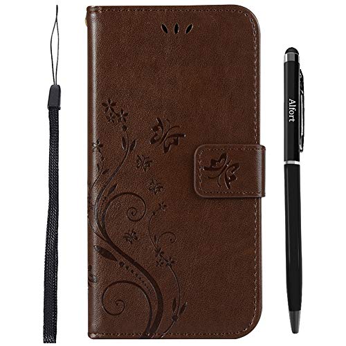 Galaxy A6 2018 Hülle, Galaxy A6 2018 Schutzhülle, Abafia Prämie PU Leder Handyhüle Stilvoll Geprägtes Schmetterlings mit Kartensteckplatz und Standfunktion (braun) + Stylus Stift + Lanyard