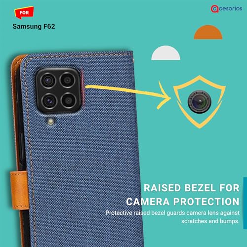 Image of Accesorios Samsung F62 Denim & Leather Flip Back Cover Case | Vegan Leather | Kick Stand & Pockets | Protective Back Flip Cover for Samsung Galaxy F62 (Blue)