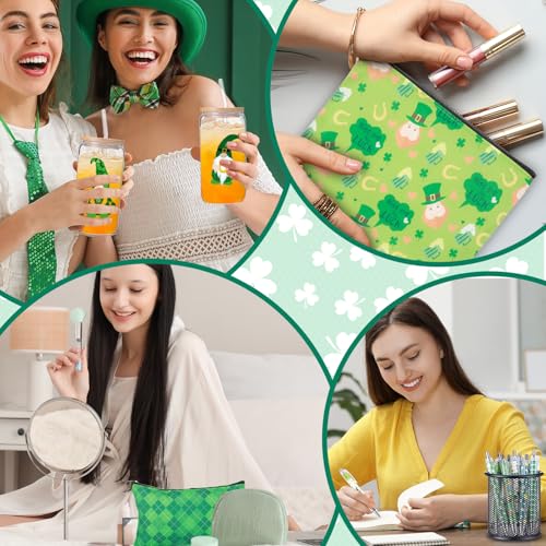 Mimorou 8 Sets St Patrick's Day Gift for Women 16 oz Shamrock Gnome Glass Cups with Straw and Lid Green Shamrock Makeup Bag Lucky Clover Ballpoint Pen Irish Leprechaun Tumbler for Party Family Friends by Mimorou - Image 4