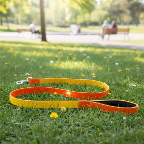 Image of Dog Leash with Padded Handle and Padded Collar Set | Adjustable Nylon Dog Collar & Heavy Duty Leash with Strong Metal Clip | Useful for Small Medium Large Dogs (Orange & Yellow)