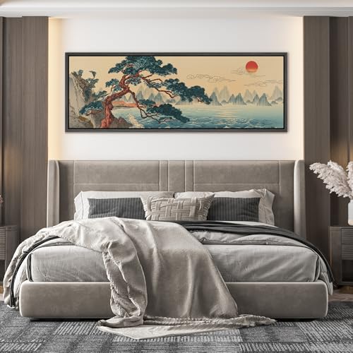 Image of MUDECOR Large Framed Canvas Print Wall Art Traditional Asian Coastal Pine Tree Sunrise Landscape Antique Retro Ready to Hang Painting for Living Room Bedroom Multi-Sizes - 60 inchx20 inch