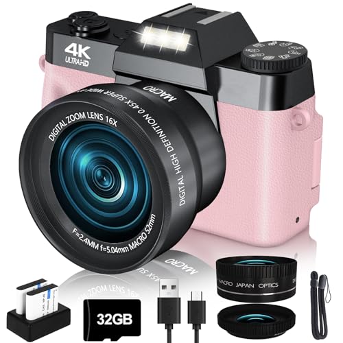 VJIANGER 4K Vlogging Camera for YouTube 48MP Digital Camera for Photography and Video with Flip Screen, Manualfocus, 16X Digital Zoom, 52mm Wide Angle & MacroLens, 32GB TF Card, 2 Batteries(Pink) VJIANGER 4K Vlogging Camera for YouTube 48MP Digital Camera for Photography and Video with Flip Screen, Manualfocus, 16X Digital Zoom, 52mm Wide Angle & MacroLens, 32GB TF Card, 2 Batteries(Pink)