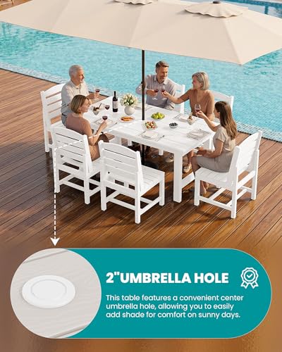 Image of SERWALL 7-Pc HDPE Patio Dining Set, 1 Table & 6 Armless Chairs, White | HDPE Outdoor Dining Set with Rectangular Table & 6 Armless Chairs, All-Weather Resistant SERWALL Dining Set for 6