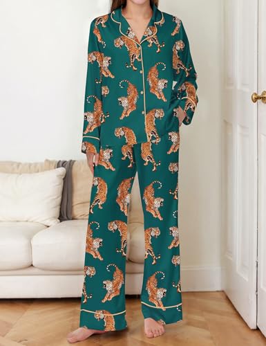 Image of SHESHOW Satin Pajamas Set for Women Set Long Sleeve Button Down Pjs Sets 2 Piece Loungewear Animal Sleepwear XS-XXL