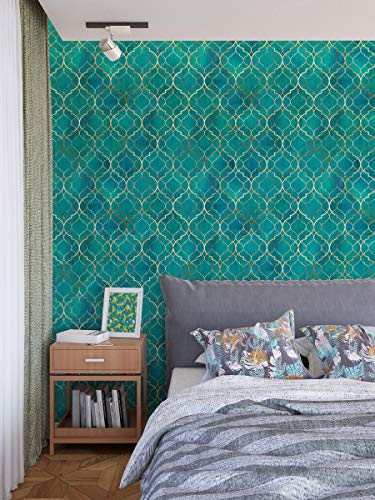 Image of DWELLSINDIA Green Moroccan Tile Wallpaper for Wall Decoration | Self Adhesive Peel & Stick, Thick Textured Premium Paper | Waterproof, Scratch Resistant | Living Room & Dining Room | 41 x 244 cm