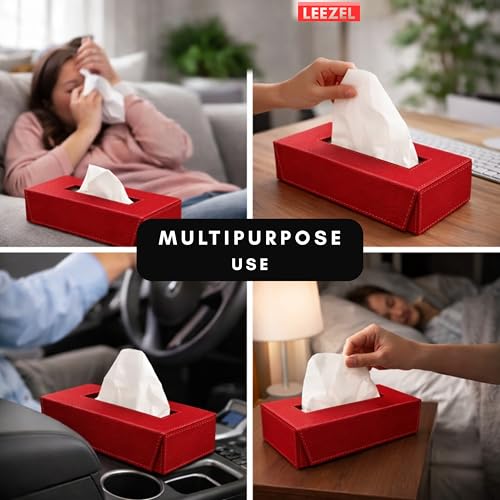 Image of LEEZEL| Tissue Box Holder with 100 Pulls Cotton Rags Tissue | Handcrafted Fine Leather - Like Finish | for Gifting, Office Desks, Cars & Home Decor | Durable & Water Resistant. (Red)