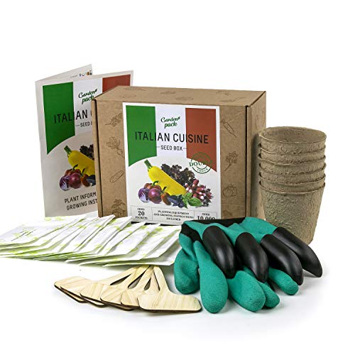 Italian Vegetable and Herb Seeds Box Growing Kit - Complete Grow Your Own Garden Set - Gloves with Claws - 20 Seeds Packets - Ideal Gardening Gift