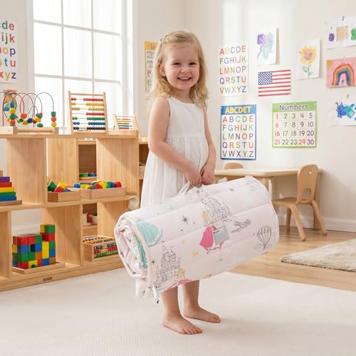 Image of PHF Soft Toddler Nap Mat with Removable Pillow, Rollup Design Kids Sleeping Mat, Slumber Bags for Girls, 55 inchx23 inch Toddler Sleeping Bag for Daycare Preschool Travel Camping, Princesses