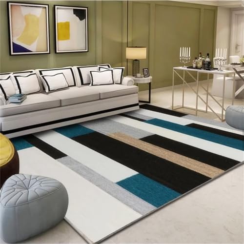 Tapis bleu moderne 140x200cm salon chambre rayures minimalistes - 2