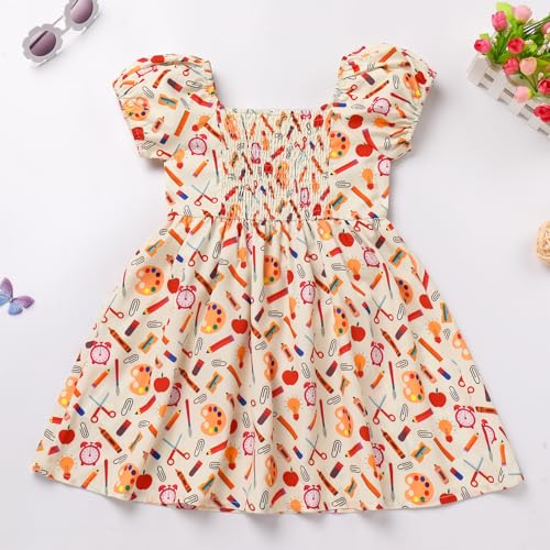 IMEKIS Toddler Kids Girls Back to School Dress Smocked Dress Pencil Print Kindergarten First Day of School Outfit 3-8T4