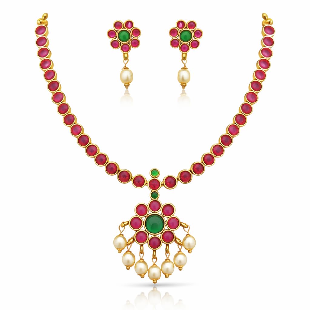 Jewellery Set for Girls and Women | Necklace with Matching Earrings | Micro Gold-Plated | AD/CZ Stone Studded | Suitable for Traditional, Wedding and Festival Wear (Ruby Green)