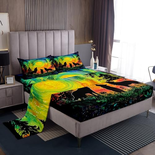 jejeloiu Moon Wolf Bed Sheets Set for Kids Boys Girls Twin Size Wolves Howling Fitted Sheet Ultra Soft Wild Animal Bedding Set Colorful Sky Bedding Collection