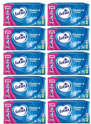 Lotus Mouchoirs Classic+ Pur Blanc 800 Mouchoirs blanc en boîte (Lot de 10 Boîtes x 80 Mouchoirs) 3 épaisseurs pour plus de confort - Offre Familial