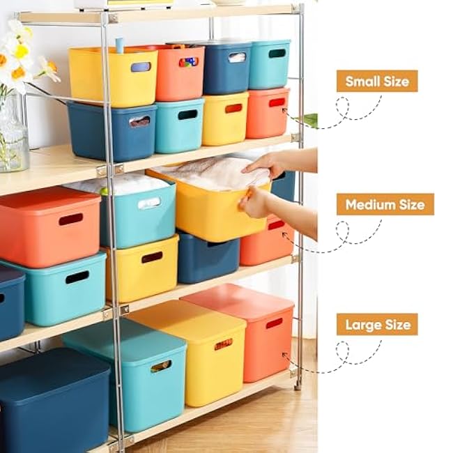Plastic Storage Bins with Lid, Stackable Storage Containers for Organizing, Decorative Storage Baskets for Shelves Living Room Playroom Classroom Office (Small (4 PCS))