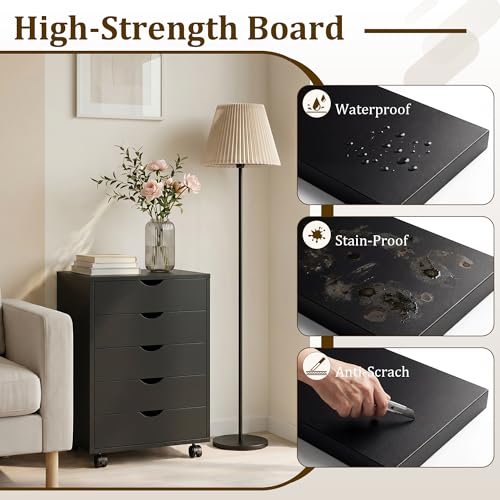 Image of 5 Drawer Mobile File Cabinet Under Desk Storage Organization with Wheels Vertical Filing Chest Rolling Wood Small Desk Printer Stand for Home Office, Black