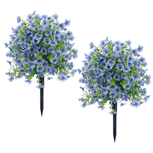 JOYWU 60cm Artificial Boxwood Topiary Ball Trees with Violet Flowers,UV Resistant Faux Plants Outdoor with Ground Spike,Lifelike Fake Shrubs Bushes for Porch Front Garden Home Decor (2, Blue)