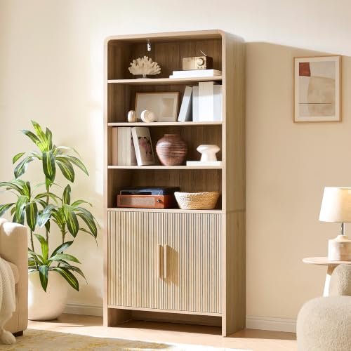 Image of AMERLIFE 71 inch Modern Bookcase with Storage Cabinet, 6-Tier Bookshelf with 3 Adjustable Shelves & Fluted Doors, Wood Curved Display Cabinet for Living Room, Dining Room, Home Office, Natural