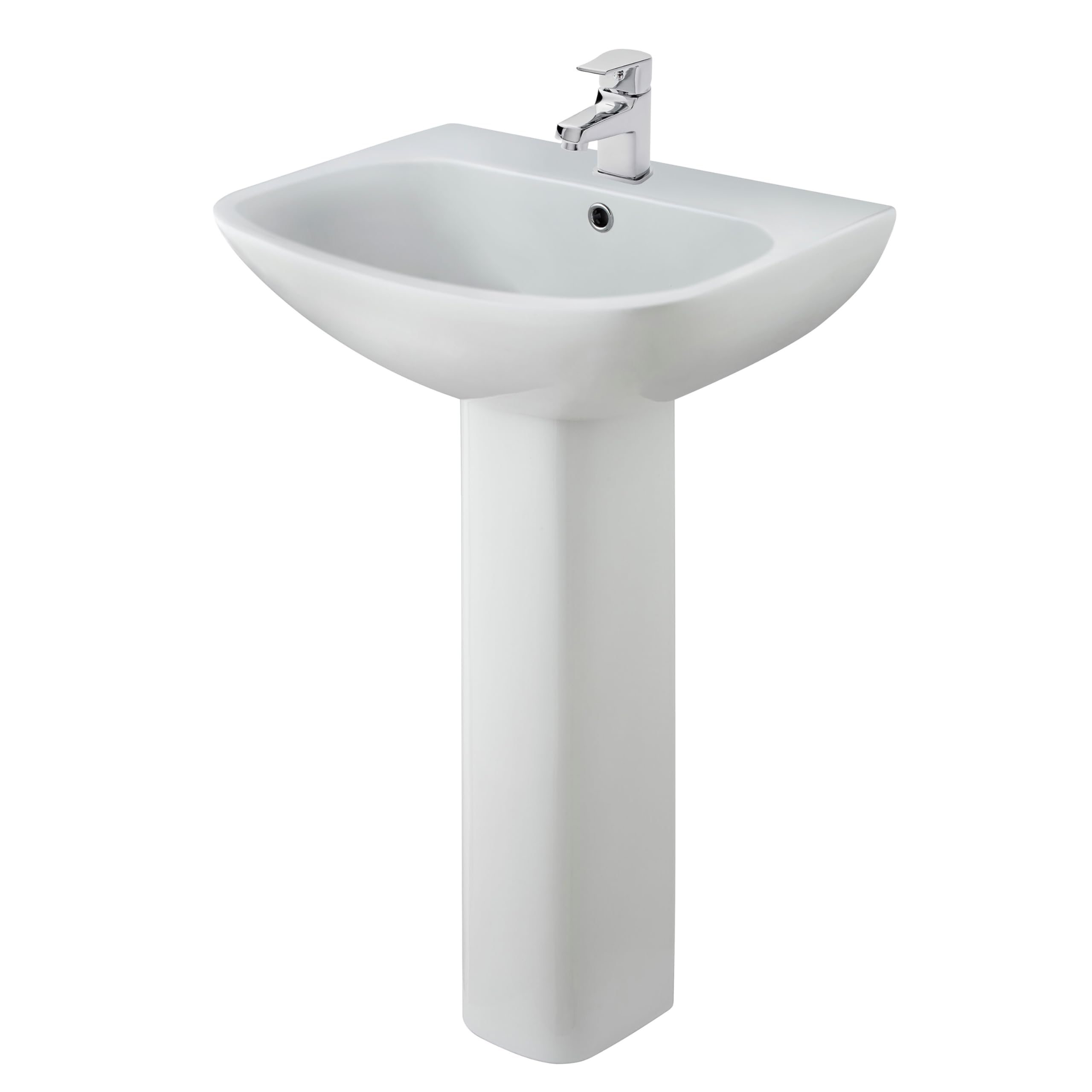 Balterley 545mm Bathroom Sink, Full Pedestal Ceramic Soft Square Bowl Bathroom Wash Basin Sink with Overflow, 1 Tap Hole, Floor Standing Basin Sinks for Cloakroom - 545 x 455 x 840mm (White)